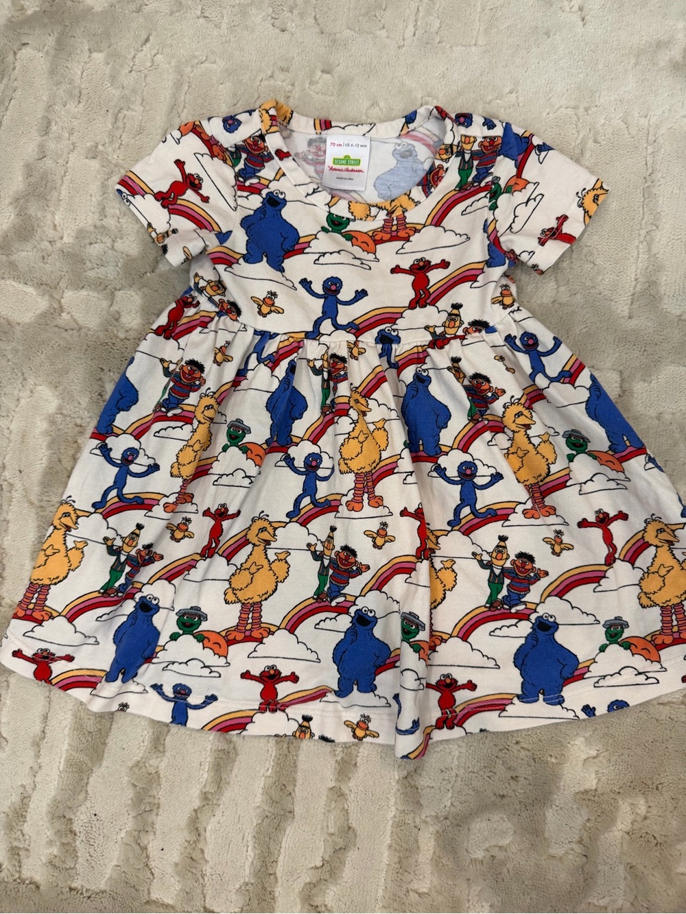 Hanna Andersson White Dress with Blue, Yellow, Red & Green Sesame Characters